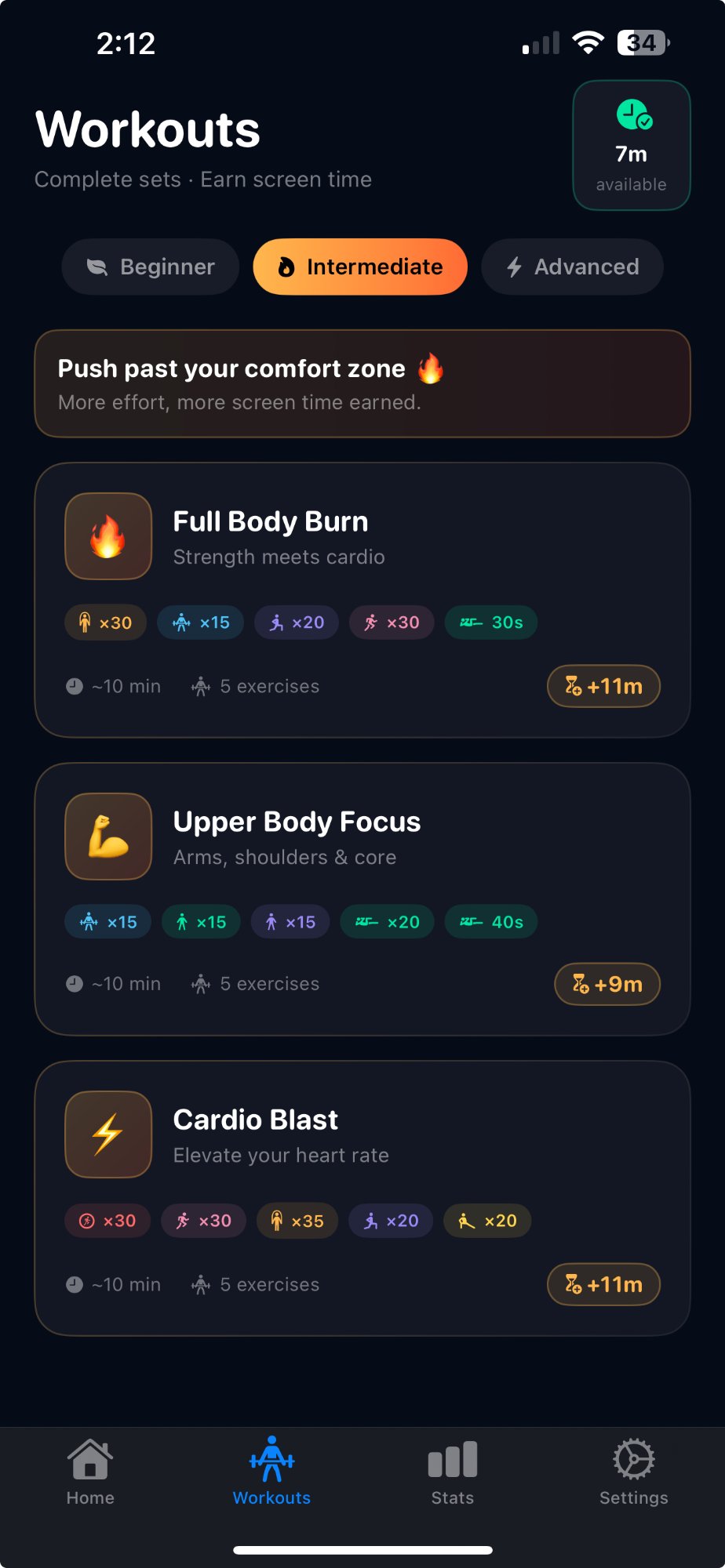 Workouts screen